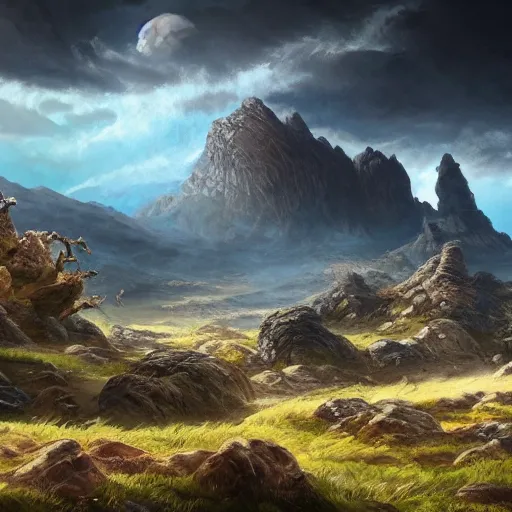 Image similar to The Sci-Fi stone landscape with mountains in the background, magical fissures split the land in half, wallpaper d&d art, fantasy, painted, 4k, high detail, sharp focus