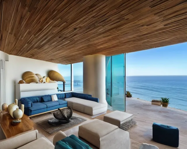 Image similar to A modern living room in a ocean hues style next to a big terrace overlooking the ocean, a luxurious wooden coffee table with large seashells on top in the center, amazing detail, 8k resolution, inspired by the ocean, calm, relaxed style, harmony, wide angle shot