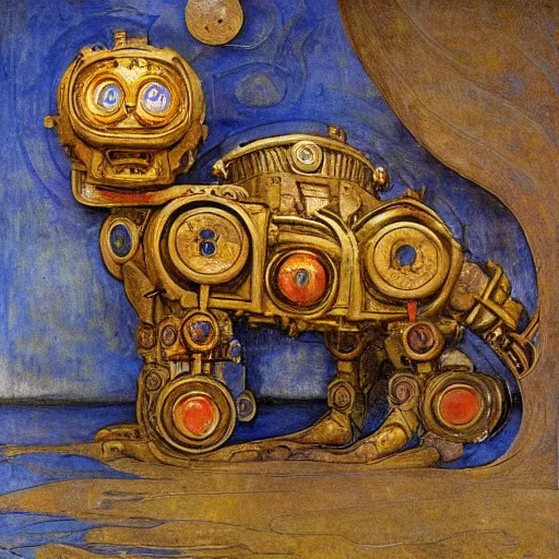 Prompt: ornate mechanical robot cat, by annie swynnerton and diego rivera and nicholas roerich, symbolist, dramatic lighting, elaborate geometric ornament, art brut, soft cool colors, smooth, sharp focus, extremely detailed, adolf wolfli and ( donato giancola )