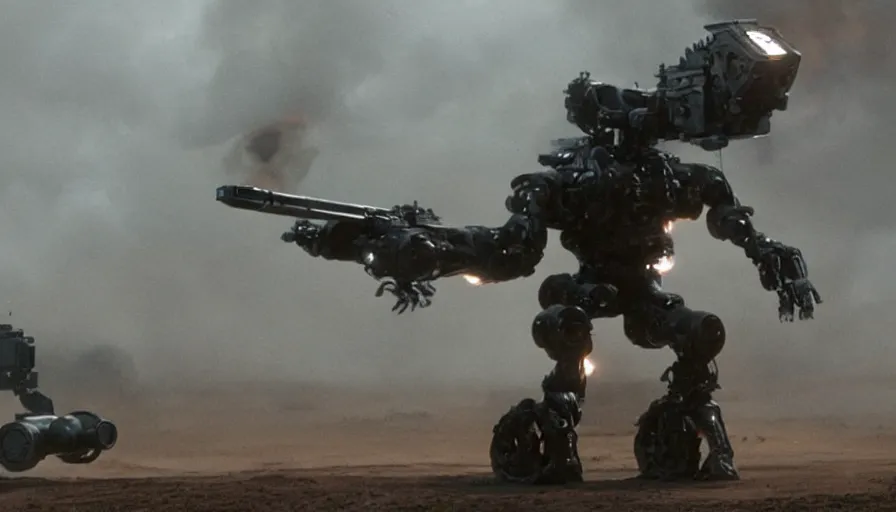 Image similar to big budget James Cameron movie about an evil robot dog with a minigun firing from its back