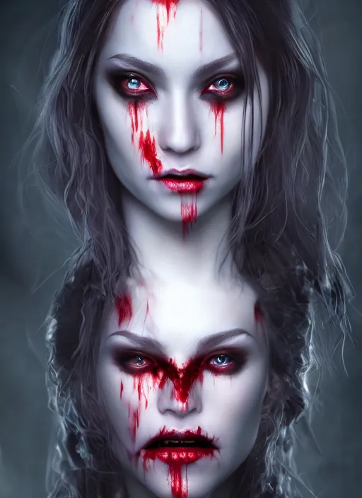 Image similar to beautiful full body portrait vampire queen highly detailed CGsociety subtle enchanting alluring blood magical concept art HDR hyper realistic volumetric lighting subsurface scattering unreal