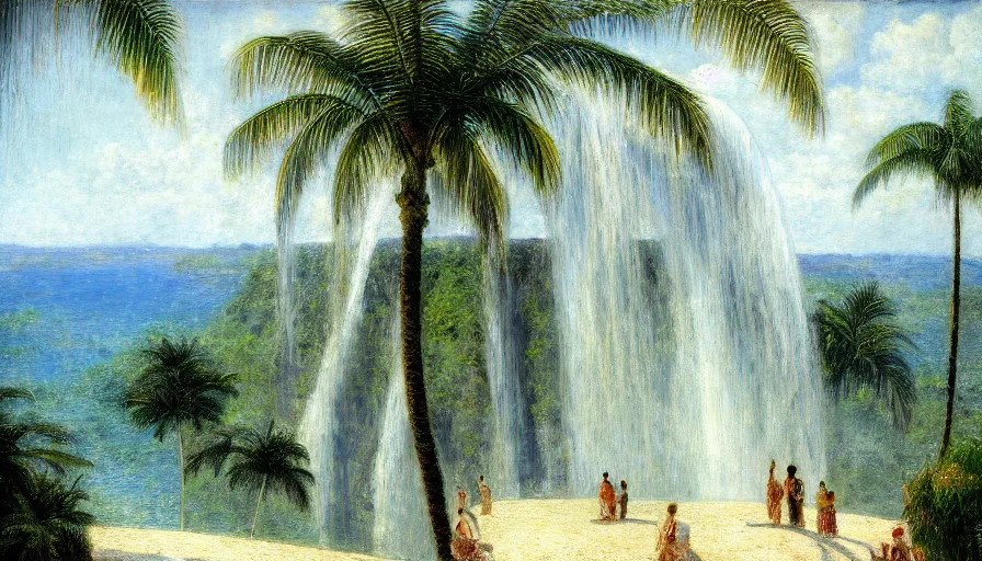 Image similar to a ultradetailed beautiful painting of the diamonds waterfall in the amazonas palace balustrade designed by jules bastien - lepage, tarsila do amaral, frank weston and gustave baumann, beach, trending on artstation, mediterranean, palm trees, sharp focus, soft light, 8 k 4 k