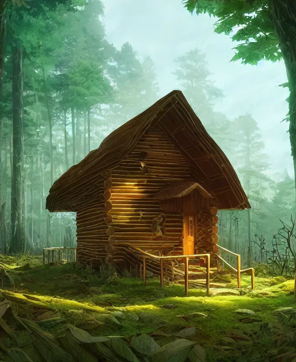 Prompt: a large, simple, cabin made from leaves, overgrown with huge exotic fungus, deep in the woods, sun drenched, partly cloudy, by dan mumford, yusuke murata, makoto shinkai, ross tran, cinematic, unreal engine, cel shaded, featured on artstation, pixiv