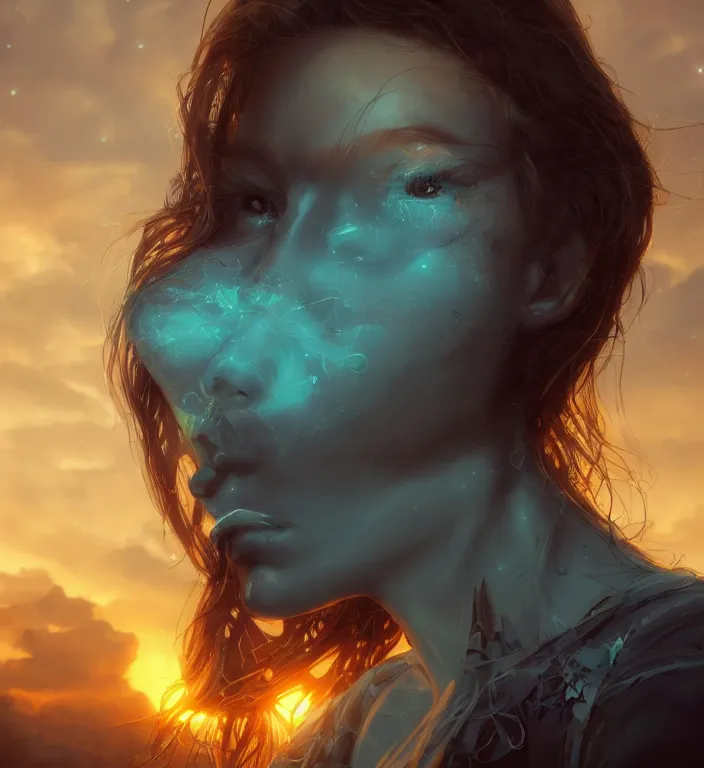 Image similar to centered waist up portrait photography an angel + bokeh + DOF + 8k, photorealistic + rendered in unreal engine + colors and composition by Peter Mohrbacher + line work by Dan Mumford , ultra realistic + backlit + strong rimlight, sunset + HDRI, HD, Photoreal