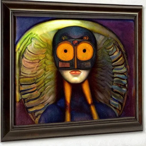 Image similar to the young robot with her feathered bird mask, by annie swynnerton and diego rivera and elihu vedder, symbolist, dramatic lighting, elaborate geometric ornament, head and shoulders view, art brut, soft cool colors, smooth, sharp focus, extremely detailed, adolf wolfli