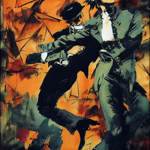 Image similar to corto maltese in jojo pose dreams about tango and valparaiso, oil on canvas by dave mckean and yoji shinkawa