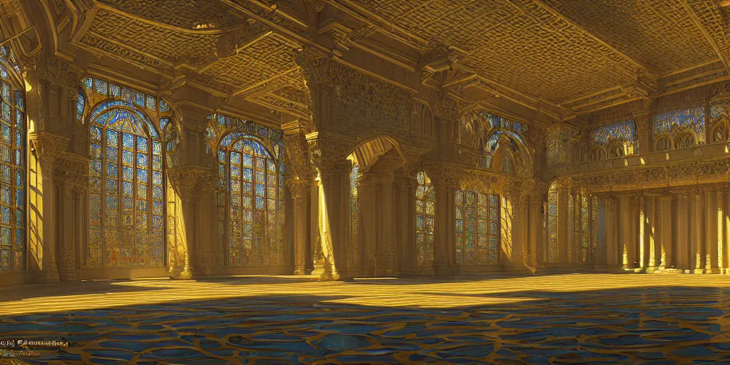Prompt: beautiful interior render of a huge divine kingdom palace, symmetric, dazzling light beam penetrated through the window, the style of louis comfort tiffany, pascal blanche, andreas rocha, paul pepera, raphael lacoste, scene render, perfect shadow, exquisite, hyper detailed, gradient, fine structure texture, unreal engines, atmospheric lighting, 4 k hd
