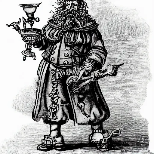 Prompt: a 17th-century alchemist who has 2 bubbling potion bottles in the style of Warhammer fantasy :: black and white, head and torso drawing, very high quality, concept art