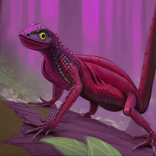 Prompt: concept art painting of an anthropomorphic humanoid lizard wearing magenta wizard robes, in the deep forest, realistic, detailed, cel shaded, in the style of makoto shinkai and greg rutkowski and james gurney