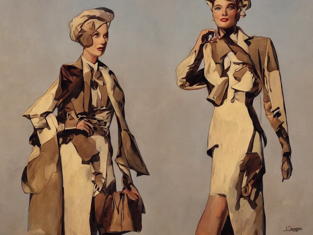 Image similar to stylish painting of future model in 2050 climate refugee outfit dress in the style of JC Leyendecker