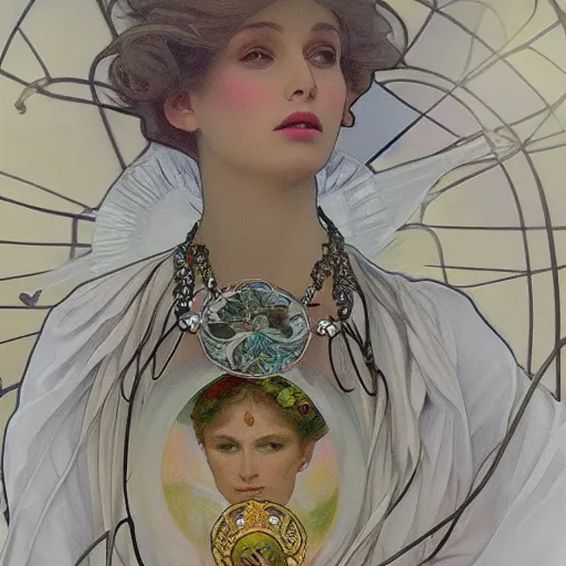 Image similar to hyperrealistic detailed seraphim with cinematic sharp focus 8 k in style of alfons mucha as a necklace