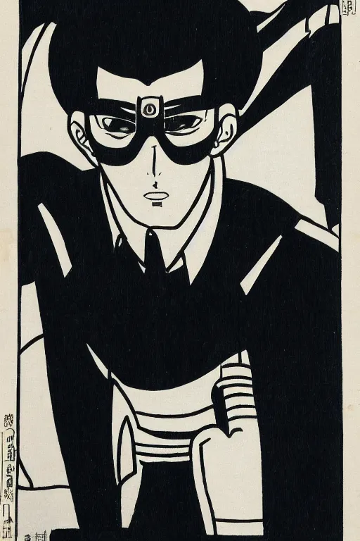 Image similar to portrait of young man wearing black medical mask, style of osamu tezuka