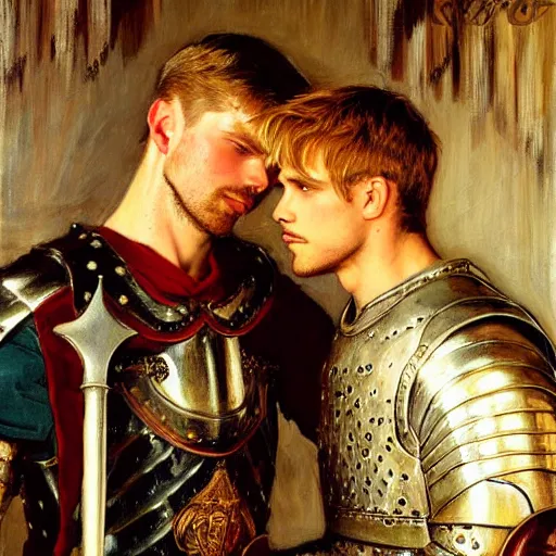 Image similar to attractive fully clothed arthur pendragon confesses his love for his attractive fully clothed male knight. highly detailed painting by gaston bussiere and j. c. leyendecker 8 k