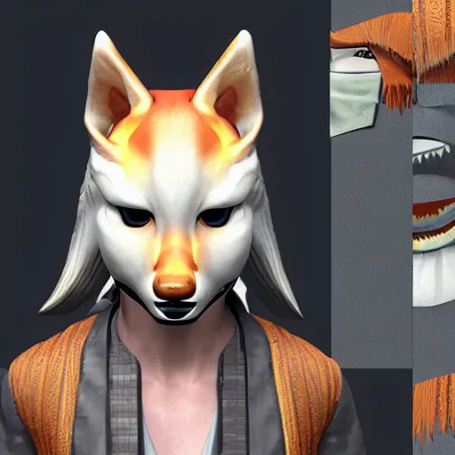 Image similar to a beautiful japanes male wearing a kitsune mask, intricate unreal engine 5 creation for a gallery