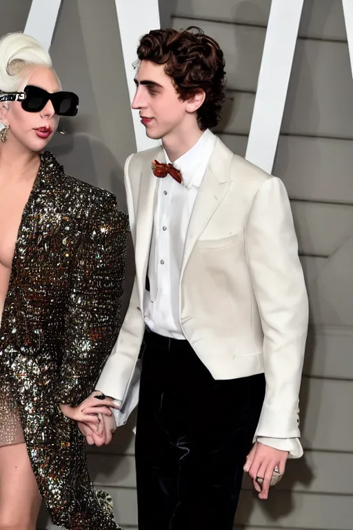 Image similar to timothee chalamet and lady gaga holding hands posing together, beautiful detailed faces, highly realistic, paparazzi photo, canon eos, featured, flash lighting