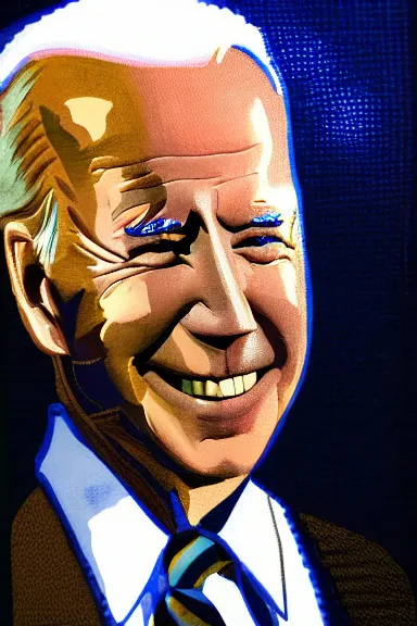 Image similar to portrait of joe biden in white armor with blue lights in it by david lazar