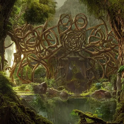 Image similar to a beautiful and highly detailed matte painting of an elven temple in a magical fantasy garden in a lush forest in the mystical mountains, wooden celtic knots, carved stone runes, intricate details, epic scale, insanely complex, 8 k, sharp focus, hyperrealism, very realistic, by caspar friedrich, albert bierstadt, james gurney, brian froud,