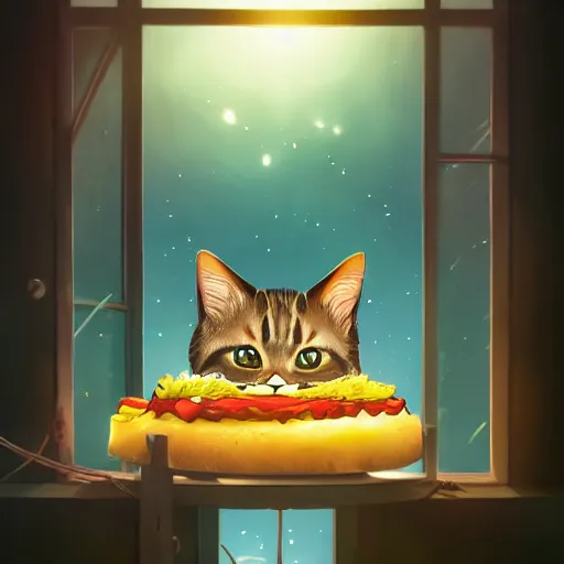 Image similar to a cat running away from a giant sandwich, artstation hq, dark phantasy, stylized, symmetry, modeled lighting, detailed, expressive, created by hayao miyazaki