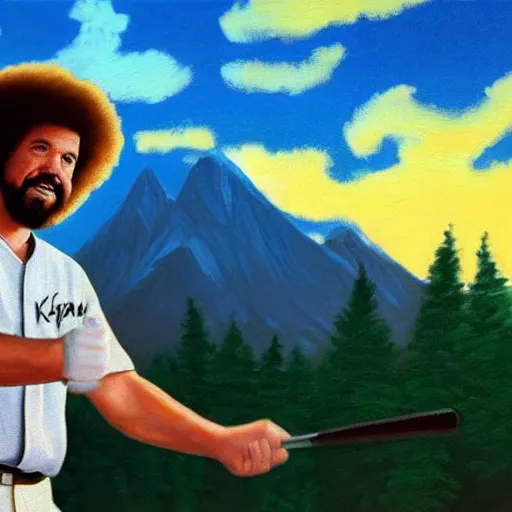 Image similar to a closeup photorealistic photograph of bob ross themed kenny powers playing baseball, a painting on a canvas. mountains and trees. film still. brightly lit scene. this 4 k hd image is trending on artstation, featured on behance, well - rendered, extra crisp, features intricate detail, epic composition and the style of unreal engine.