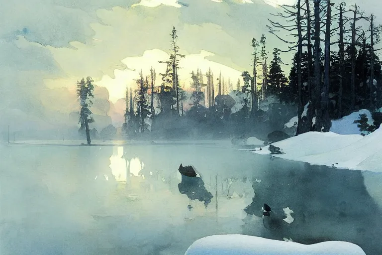 Prompt: watercolor painting of crystal clear ice lake, reflective, winter, fog and snowfall, ambient lighting, art by anders zorn and winslow homer, wonderful masterpiece by greg rutkowski, cinematic light, american romanticism by greg manchess, creation by tyler edlin