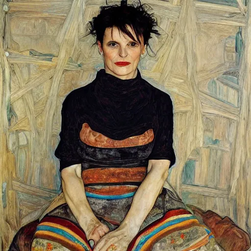 Prompt: Juliette Binoche in a bahay kubo, portrait, oil on canvas, by Egon Schiele