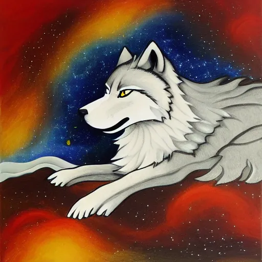 Prompt: wolf okami!!!!!!! resting under a sky full of stars, by a deep!! river, calm, acrylic on canvas, okami, okami, okami, okami, okami, okami, cel shaded, cel shaded, cel shaded, cel shaded