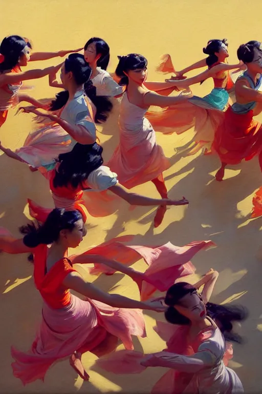 Image similar to greg manchess top angle shot of group of asian females dancing, organic painting, sunny day, matte painting, bold shapes, hard edges, street art, trending on artstation, by huang guangjian and ail elvgren and sachin teng, 8 k, high detail, fantasy art, dnd, artstation,