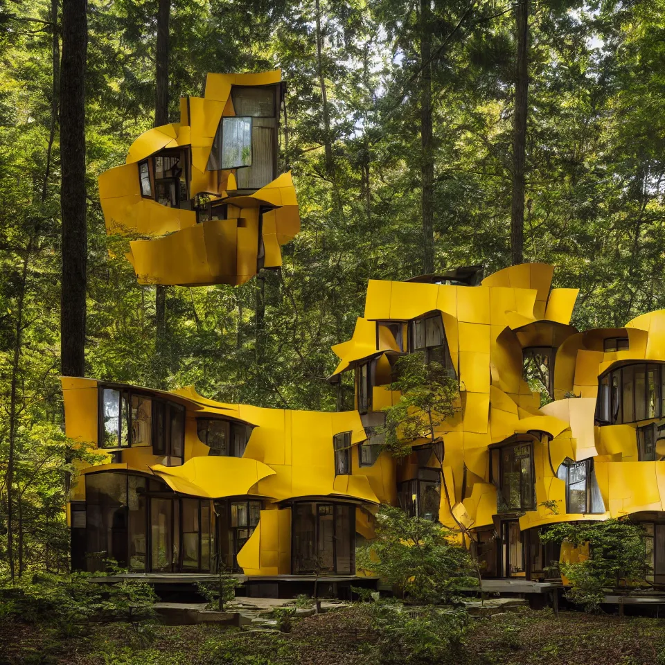 Image similar to architecture ad for a small flat mid-century modern house in the forest, designed by Frank Gehry. Big Tiles. Film grain, cinematic, yellow hue