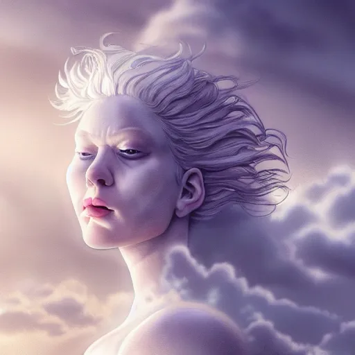 Image similar to a colossal goddess is watching us from above, creative, albino skin, giant, digital art, highly detailed, photo manipulation, clouds, town, covered in clouds, covered by clouds, white hair, digital painting, artstation