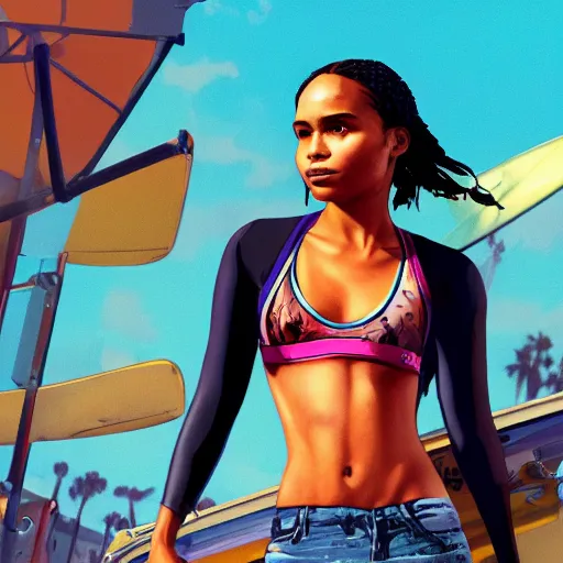 Image similar to zoe kravitz as a california surfer girl, gta 5 cover art, hd digital art, trending on artstation