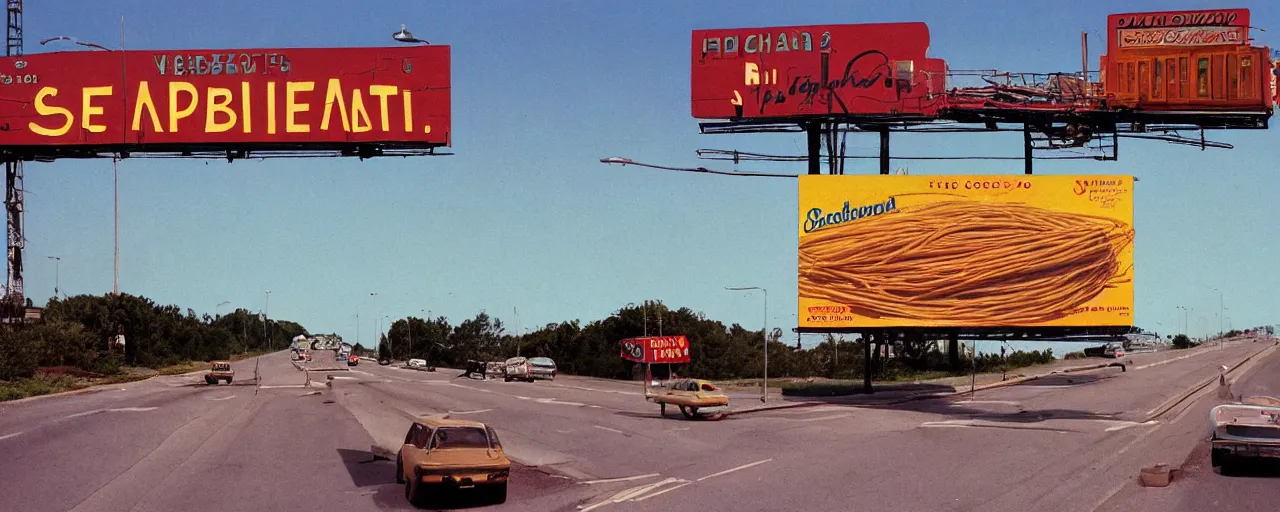 Image similar to spaghetti billboard advertisement, highway, sunset, canon 2 0 mm, kodachrome, in the style of wes anderson