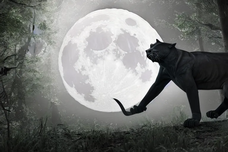 Image similar to a panther roaring in a forest during the night, large moon in the center. high quality render. illustration. 4 k. render. photoreal. highly detailed. artstation. realistic. dramatic. darkness. moon.