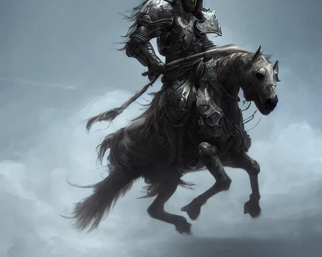 Image similar to A faded ghost warrior riding a giant ghost horse with armour, fantasy art, in the style of Frank Neidhardt, illustration, epic art, fantasy, intricate, elgant, amazing detail, digital painting, artstation, concept art, smooth, sharp focus