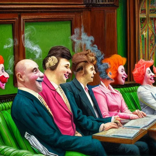 Prompt: a highly detailed beautiful portrait close up art painting of british members of parliament in the house of commons wearing pastel coloured clown costumes with pleasant oversized joyful faces, they are smoking. in the style of edward hopper, richard hamilton. concept art. green leather benches. photographic. concept. crisp digital art. no artefacts. desaturated. high fidelity facial portrait. 8 k