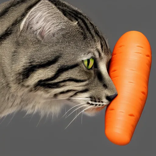 Image similar to big tabby cat with white paws biting a carrot 3d render