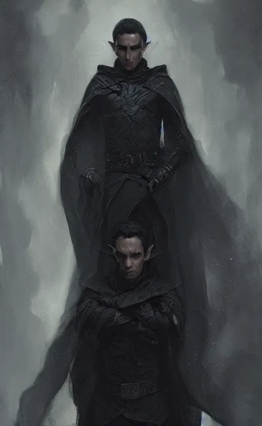 Image similar to Portrait of an elf in a black cloak with dark hair, dark skin, male, detailed face, fantasy, highly detailed, cinematic lighting, digital art painting by greg rutkowski