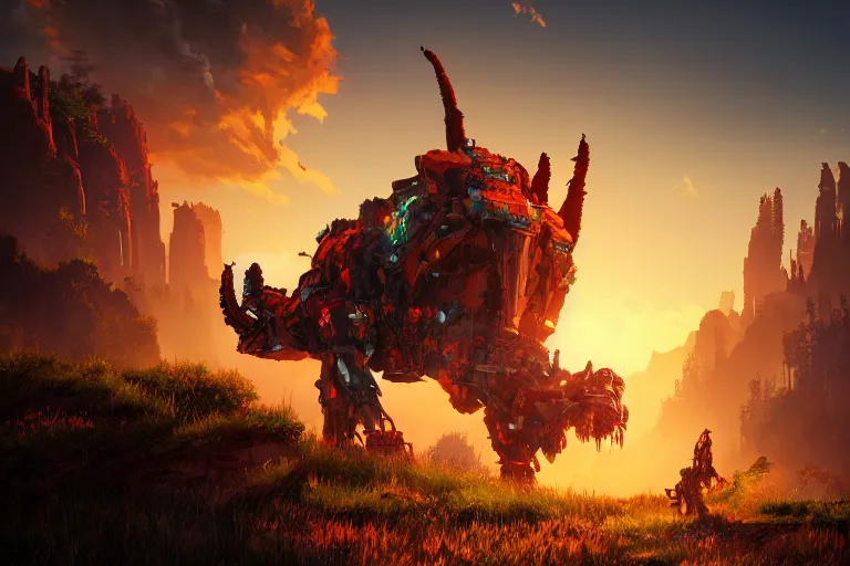 Image similar to fireclaw machine creature robot of horizon forbidden west horizon zero dawn radiating a glowing aura global illumination ray tracing hdr fanart arstation by ian pesty and alena aenami artworks in 4 k