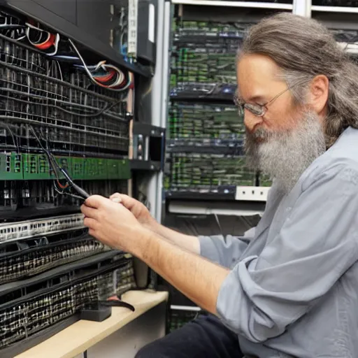 Image similar to a wise beared sysop fixing a linux server, gnu, stallman, RMS, server rack, data centre, ethernet cable, wise man, gandalf