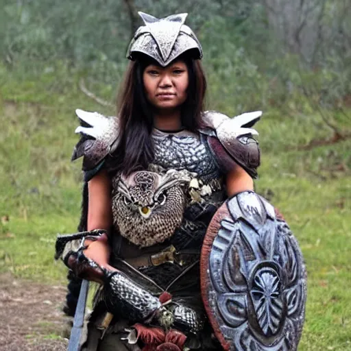 Image similar to full body photo of a female warrior wearing owl armour