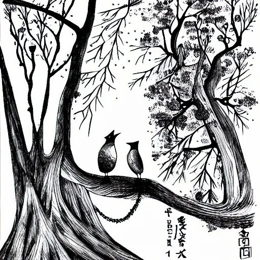 Image similar to zen, forest, birds, ink