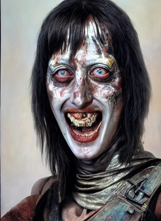 Prompt: portrait of a young 1 9 8 0 s shelley duvall as a threatening evil warlord character grinning in mad max 2 : the road warrior, film still, detailed realistic face in painting, detailed beautiful portrait, oil painting masterpiece, 8 k resolution, smooth, sharp focus, trending on artstation, by rembrandt