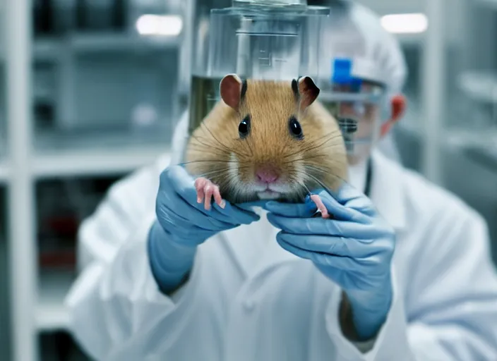 Image similar to film still of a hamster working in a research lab filling test tubes, 8 k