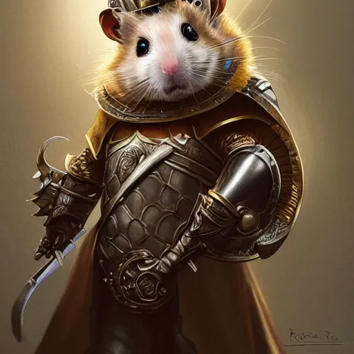 Prompt: A masterpiece portrait of a hamster holding a sword. Hamster is wearing a knights helmet. Very detailed. intricate, elegant, highly detailed. trending on artstation, digital art, by Stanley Artgerm Lau, WLOP, Rossdraws, James Jean, Andrei Riabovitchev, Marc Simonetti, Yoshitaka Amano