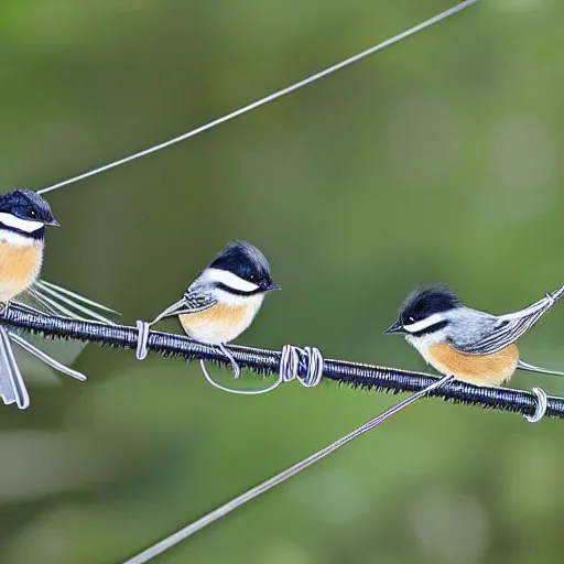 Image similar to three chickadees on a telephone wire, high quality, realistic, photograph, nature