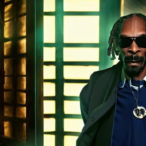 Image similar to snoop dogg as a rough dirty old man with a scruffy beard in a dark blue trenchcoat as the new doctor who, cinematic, volumetric lighting, f 8 aperture, cinematic eastman 5 3 8 4 film, photorealistic