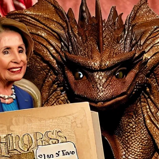 Prompt: Smaug the dragon from the Hobbit movies with the head of Nancy Pelosi, guarding her pile of treasure