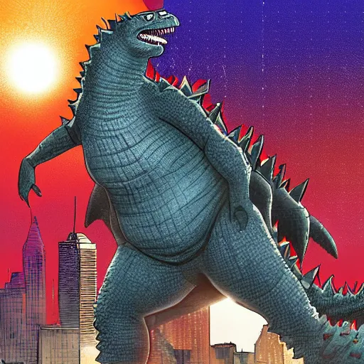 Image similar to shaquille o'neal blocking an attack from godzilla, digital art