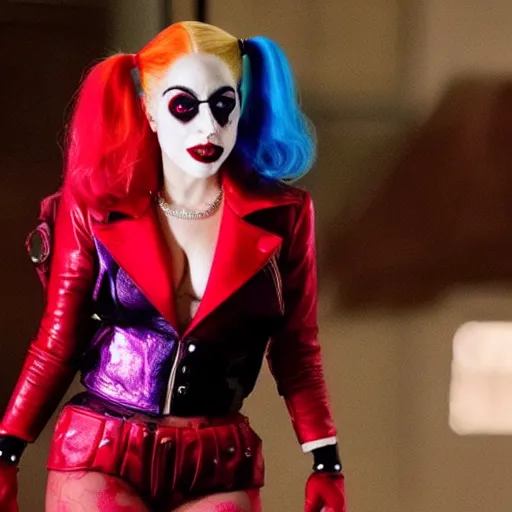 Prompt: Film still of Lady Gaga as Harley Quinn from Joker (2019)