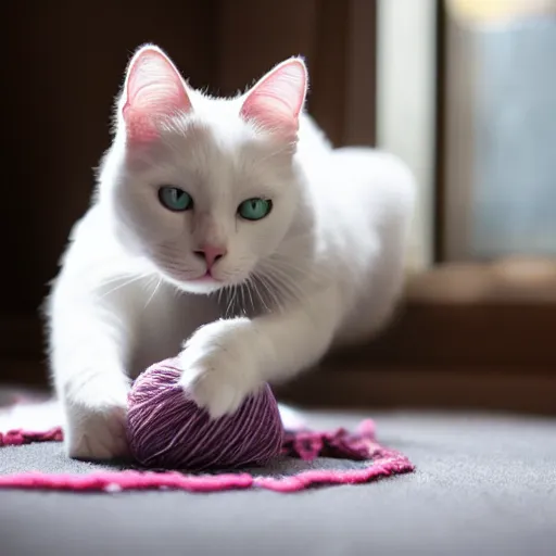 Prompt: A beautiful photo of a white cat playing with yarn ball, Photography , Long-range shots