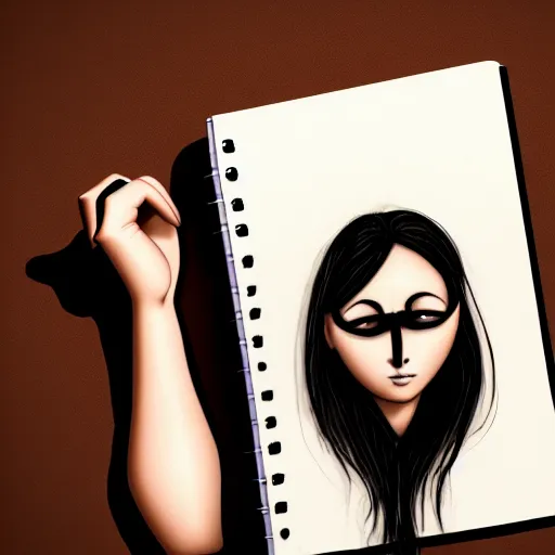 Image similar to realistic portrait of a terrified female author covering her face with a notebook while three male and one female characters look intensely, aesthetic!, trending on artstation, detailed digital art,